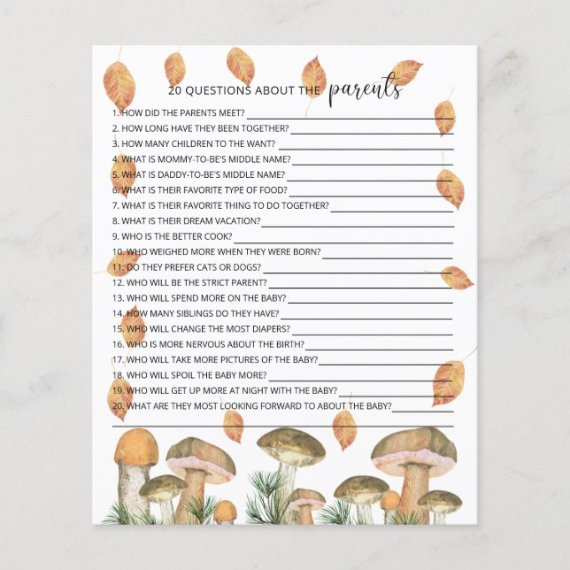 Papier 20 Questions sur le jeu de baby shower Parents (Devant)