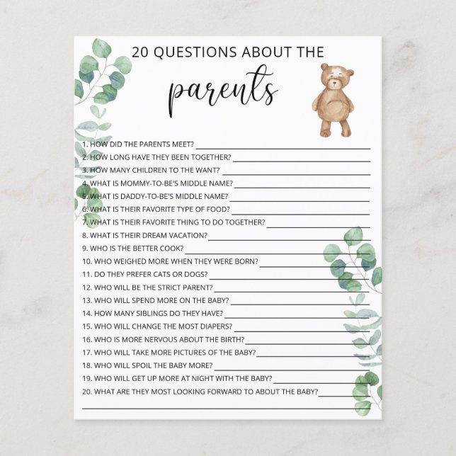 Papier 20 Questions sur le jeu de baby shower Parents (Devant)