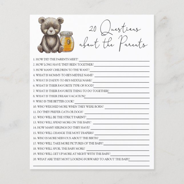 Papier 20 Questions sur le jeu de baby shower Parents (Devant)