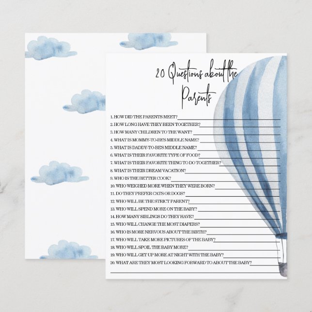 Papier 20 Questions sur le jeu de baby shower Parents (Devant / Derrière)