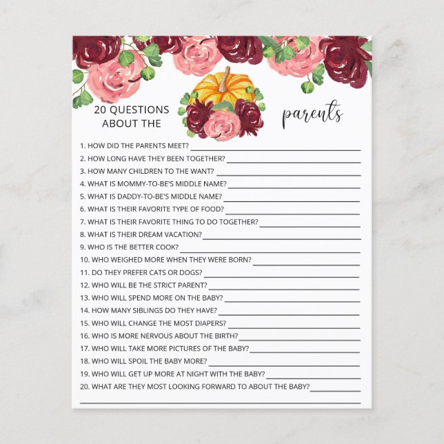 Papier 20 Questions sur le jeu de baby shower Parents (Devant)