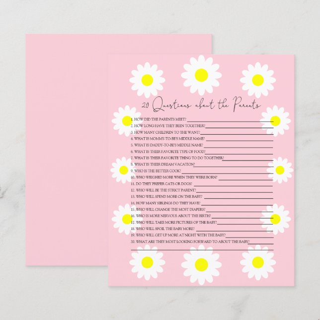 Papier 20 Questions sur le jeu de baby shower Parents (Devant / Derrière)
