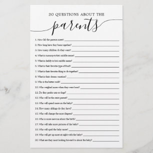 Papier 20 Questions sur le jeu de Baby shower Parents