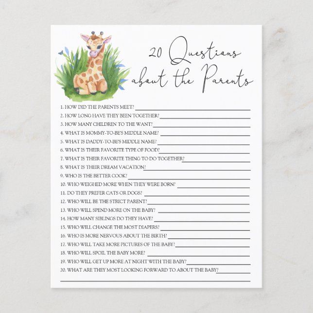 Papier 20 Questions sur le jeu de baby shower Parents (Devant)