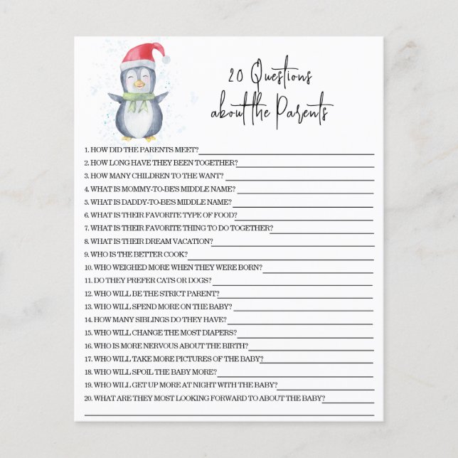Papier 20 Questions sur le jeu de baby shower Parents (Devant)