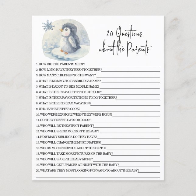 Papier 20 Questions sur le jeu de baby shower Parents (Devant)