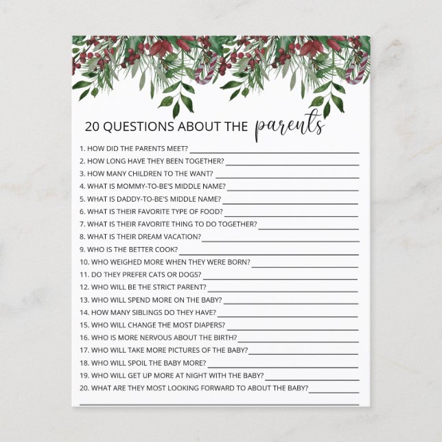 Papier 20 Questions sur le jeu de baby shower Parents (Devant)