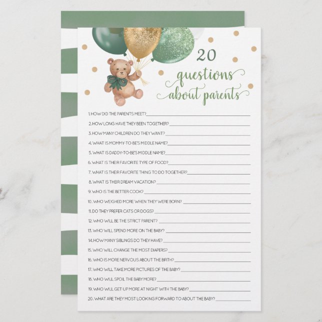 Papier 20 Questions sur les parents Baby shower Ours en p (Devant / Derrière)