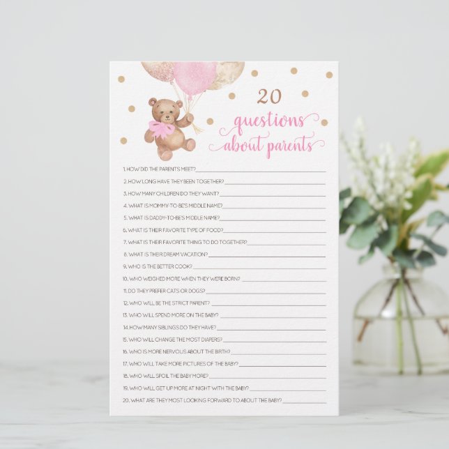 Papier 20 Questions sur les parents Baby shower Ours en p (Debout devant)