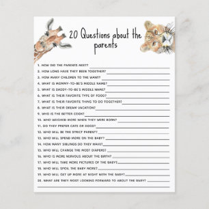 Papier 20 Questions sur les Parents - baby shower sauvage