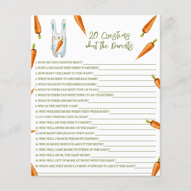 Papier 20 Questions sur les parents ! Jeu de baby shower  (Devant)