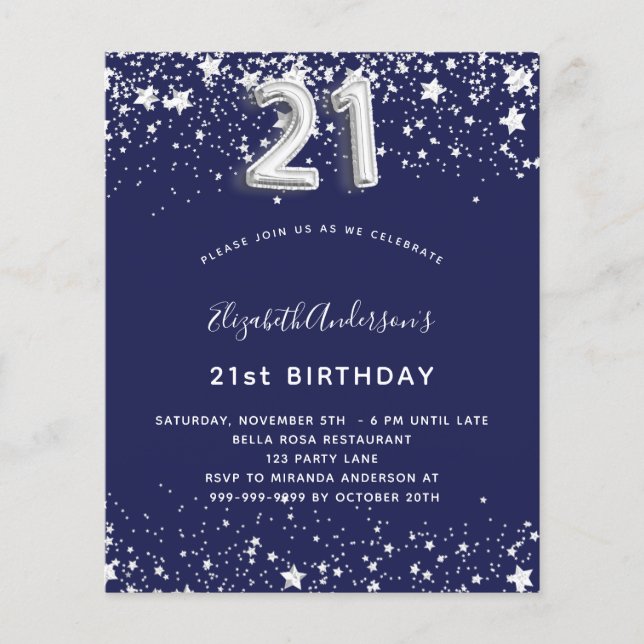 Papier 21e anniversaire marine bleu argent étoiles invita (Devant)