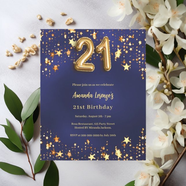 Papier 21e anniversaire marine bleu or étoiles invitation (Créateur téléchargé)