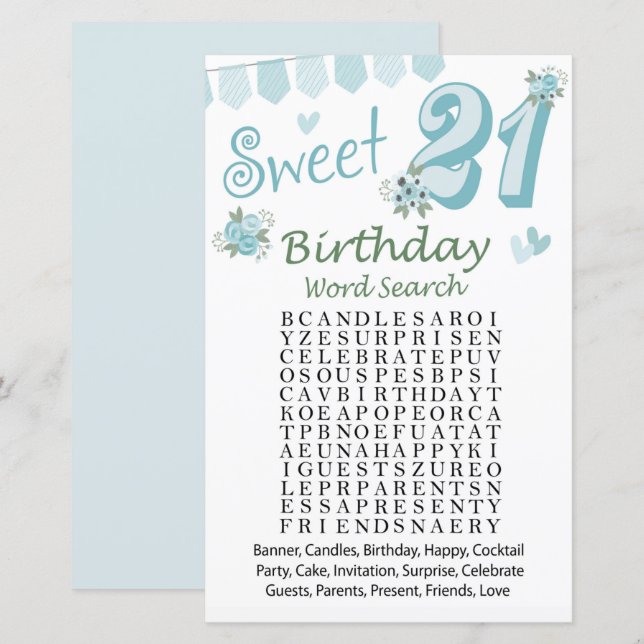 Papier 21e Anniversaire Mot de recherche Jeu (Devant / Derrière)