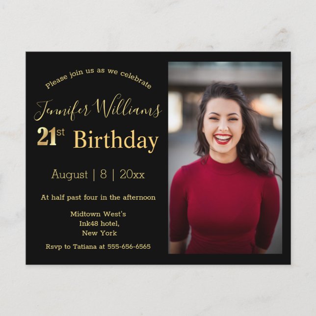 Papier 21e anniversaire noir or invitation photo (Devant)