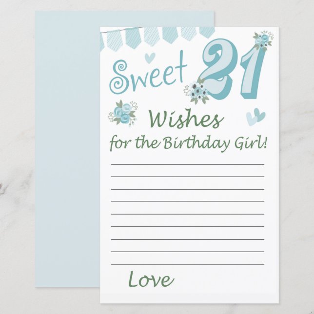 Papier 21e anniversaire Voeux pour la fille d'anniversair (Devant / Derrière)