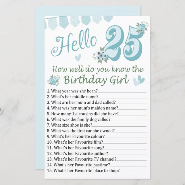 Papier 25 e Tu connais bien la fille d'anniversaire (Devant / Derrière)