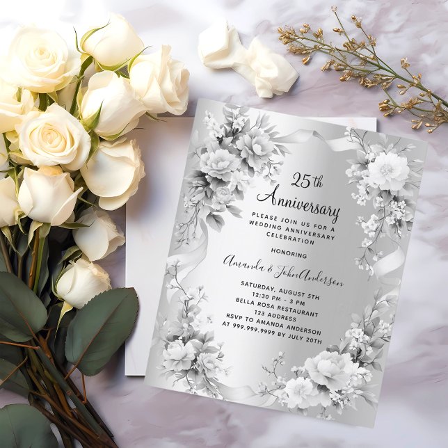 Papier 25e anniversaire mariage invitation florale argent (Créateur téléchargé)
