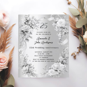 Papier 25e anniversaire mariage invitation florale argent