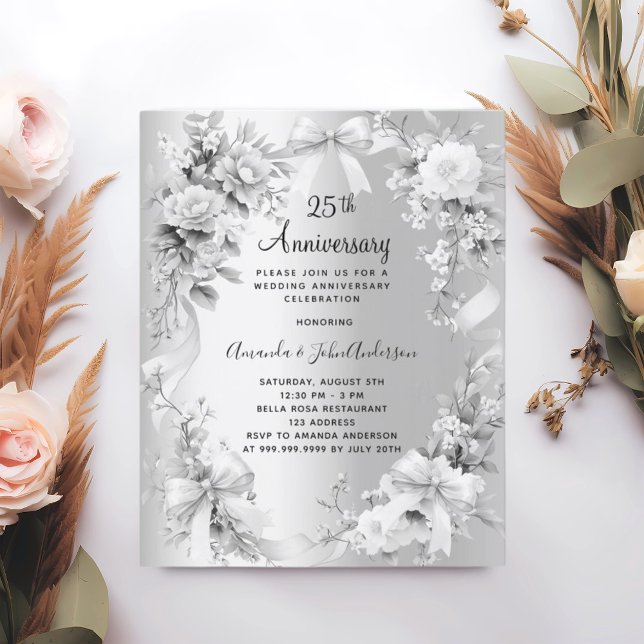 Papier 25e anniversaire mariage invitation florale argent (Créateur téléchargé)