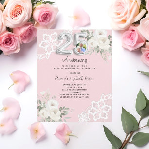 Papier 25e anniversaire mariage invitation photo rose