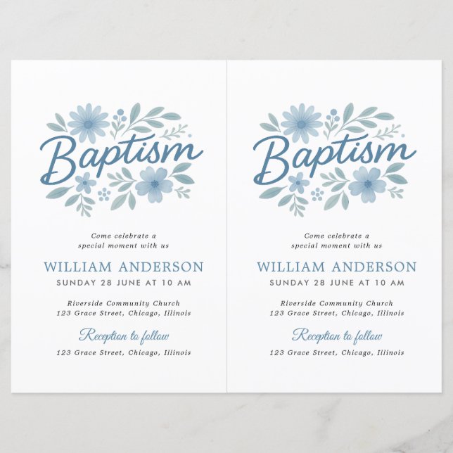 Papier 2 Budget Blue Floral Cross Baptism Invitation (Devant)