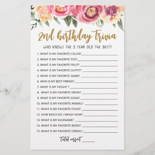 Papier 2ème anniversaire Trivia éditable jeu (Devant)