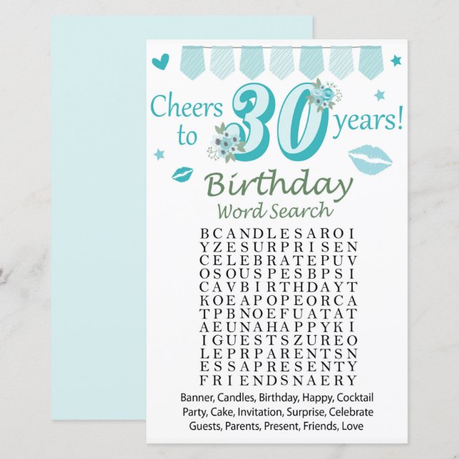 Papier 30 e Anniversaire Mot de recherche Jeu (Devant / Derrière)