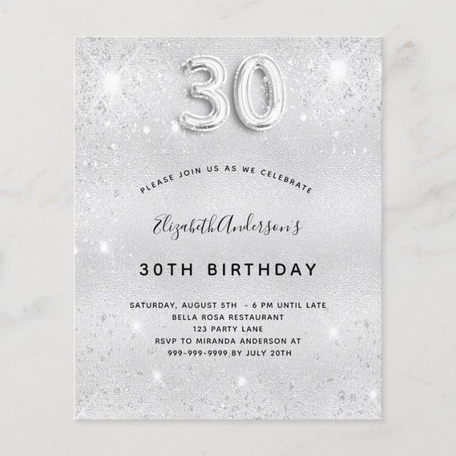 Papier 30e anniversaire parties scintillant argent invita (Devant)