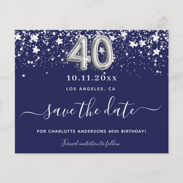 Papier 40e anniversaire marine bleu argent date de sauveg (Devant)