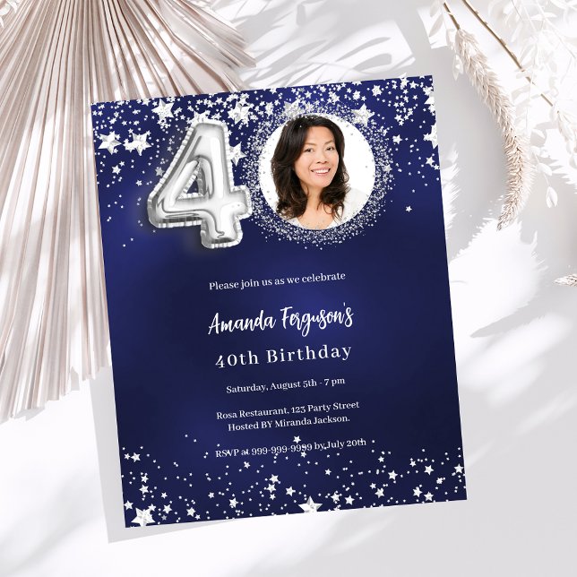 Papier 40e anniversaire marine bleu argent invitation pho (Créateur téléchargé)