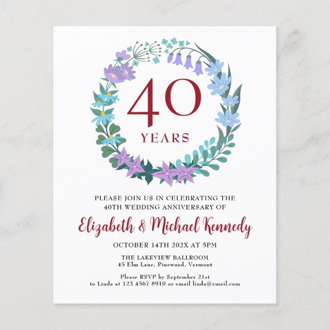 Papier 40e anniversaire Ruby Floral Wreath Invitation (Devant)