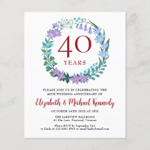Papier 40e anniversaire Ruby Floral Wreath Invitation