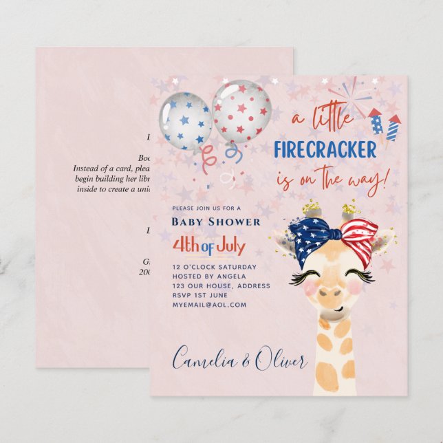 Papier 4 juillet BABY SHOWER INVITATION Firecracker Giraf (Devant / Derrière)