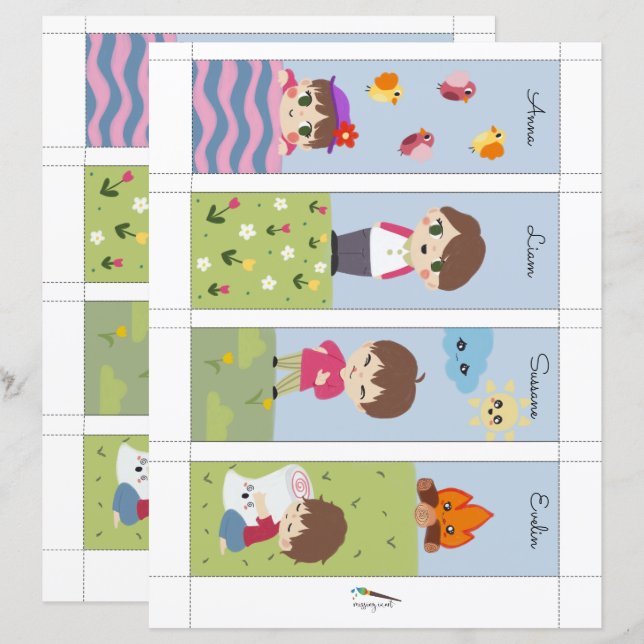 Papier 4 Kawaii Camping amis Signets modifiables (Devant / Derrière)