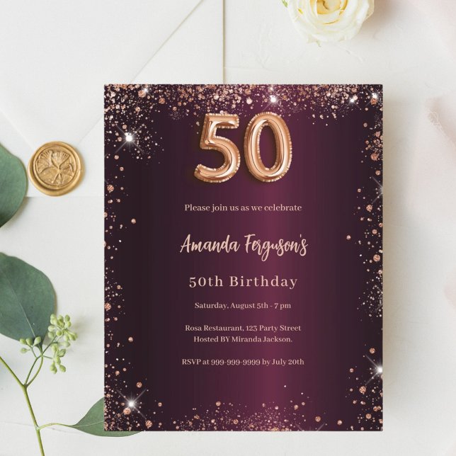 Papier 50e anniversaire burgundy rose or invitation (Créateur téléchargé)