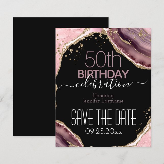 Papier 50e anniversaire Enregistrer la date Pink Agate Bu (Devant / Derrière)
