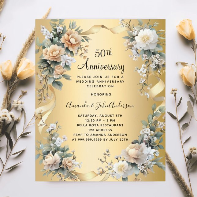 Papier 50e anniversaire mariage invitation florale or (Créateur téléchargé)
