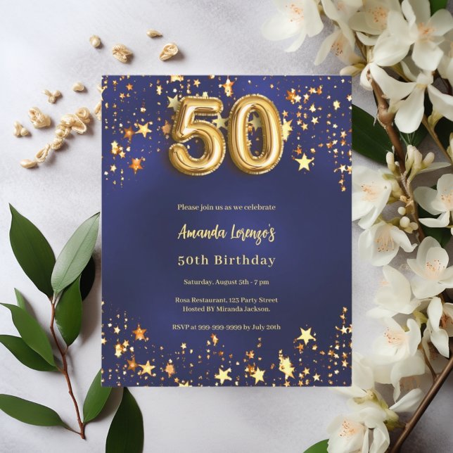 Papier 50e anniversaire marine bleu or étoiles invitation (Créateur téléchargé)