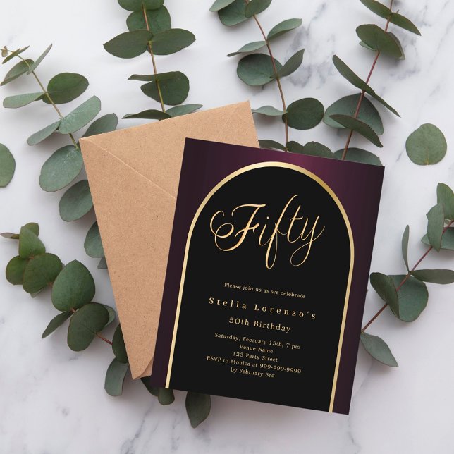 Papier 50e anniversaire noir bordeaux or invitation (Créateur téléchargé)
