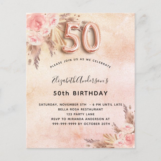 Papier 50e anniversaire pampas herbe invitation rose (Devant)