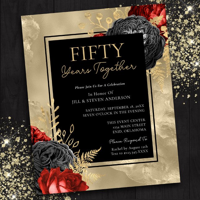 Papier 50e Anniversaire Rouge Noir Or Floral (Créateur téléchargé)