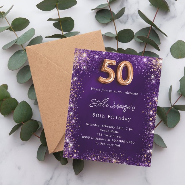 Papier 50e Anniversaire violet rose invitation or (Créateur téléchargé)