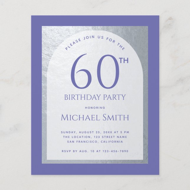 Papier 60e anniversaire Budget Violet Faux Argent Invitat (Devant)