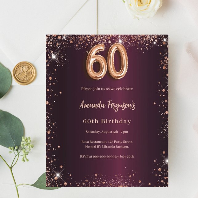 Papier 60e anniversaire burgundy rose or invitation (Créateur téléchargé)