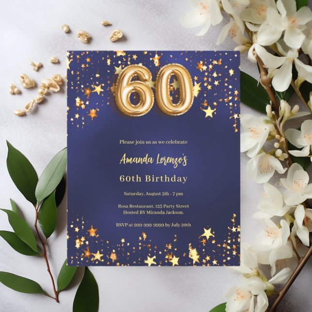Papier 60e anniversaire marine bleu or étoiles invitation (Créateur téléchargé)