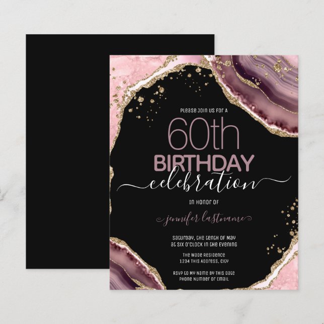 Papier 60e Anniversaire Rose Purple Agate Budget Invitati (Devant / Derrière)