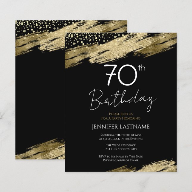 Papier 70e Anniversaire Budget de la fête Gold Black Invi (Devant / Derrière)
