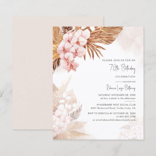 Papier 70e anniversaire Pampas Grass Floral Party Invitat (Devant / Derrière)