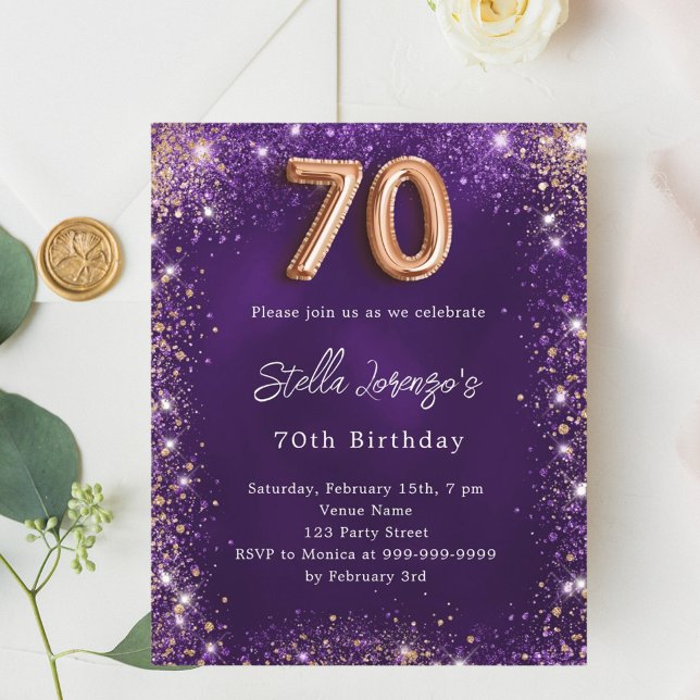 Papier 70e Anniversaire violet rose invitation or (Créateur téléchargé)